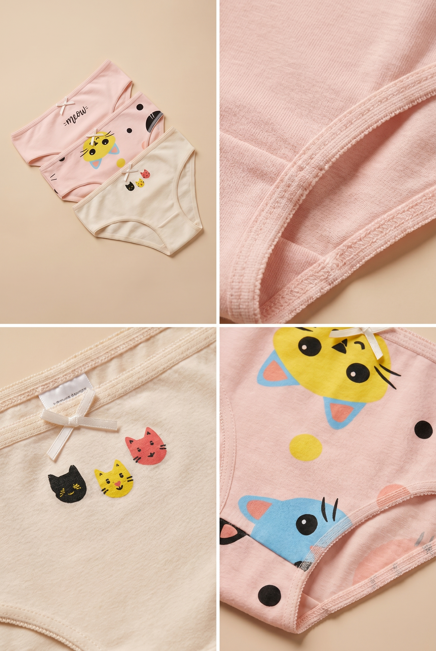 Kız Çocuk Kedi Desenli 3'lü Slip Külot Açık Pembe