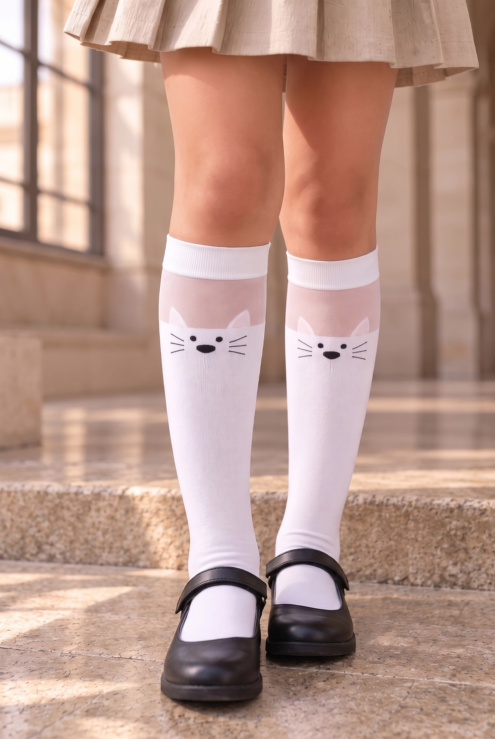 12601G2008 KEDİ DESENLİ ÇOCUK DİZÜSTÜ ÇORAP White