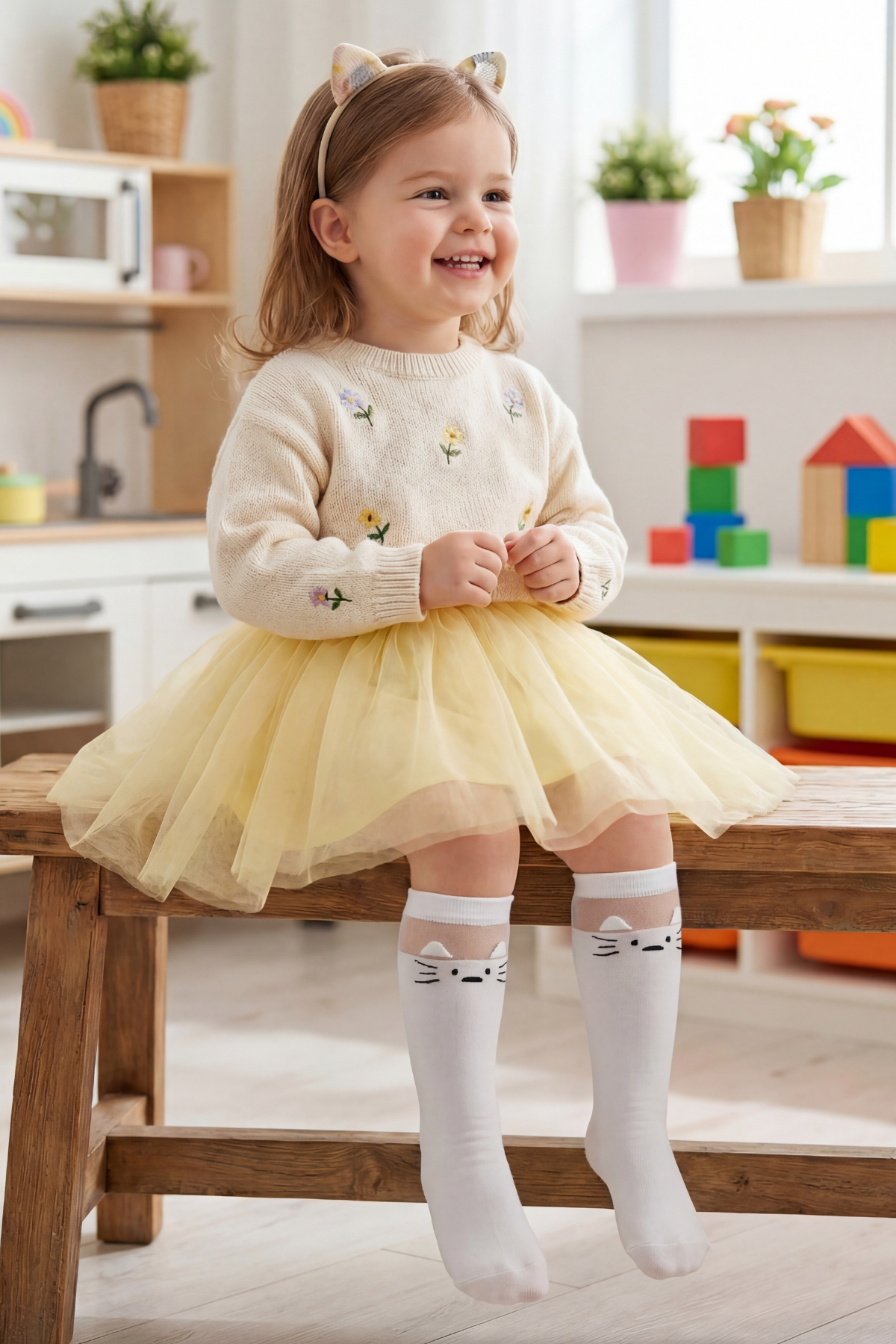 Kız Çocuk Kedi Desenli Mus Dizaltı Çorap Beyaz