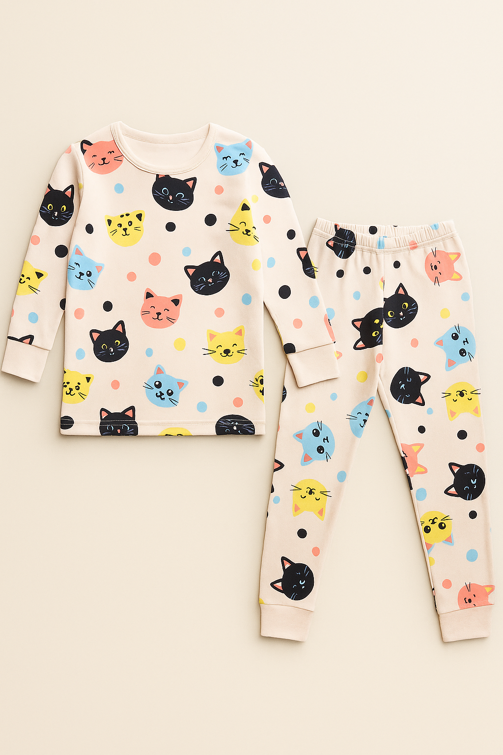 Kız Çocuk Kedi Desenli Pijama Takımı Açık Pembe