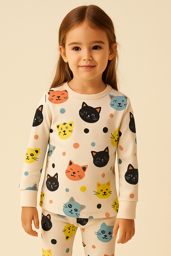 Kız Çocuk Kedi Desenli Pijama Takımı Açık Pembe
