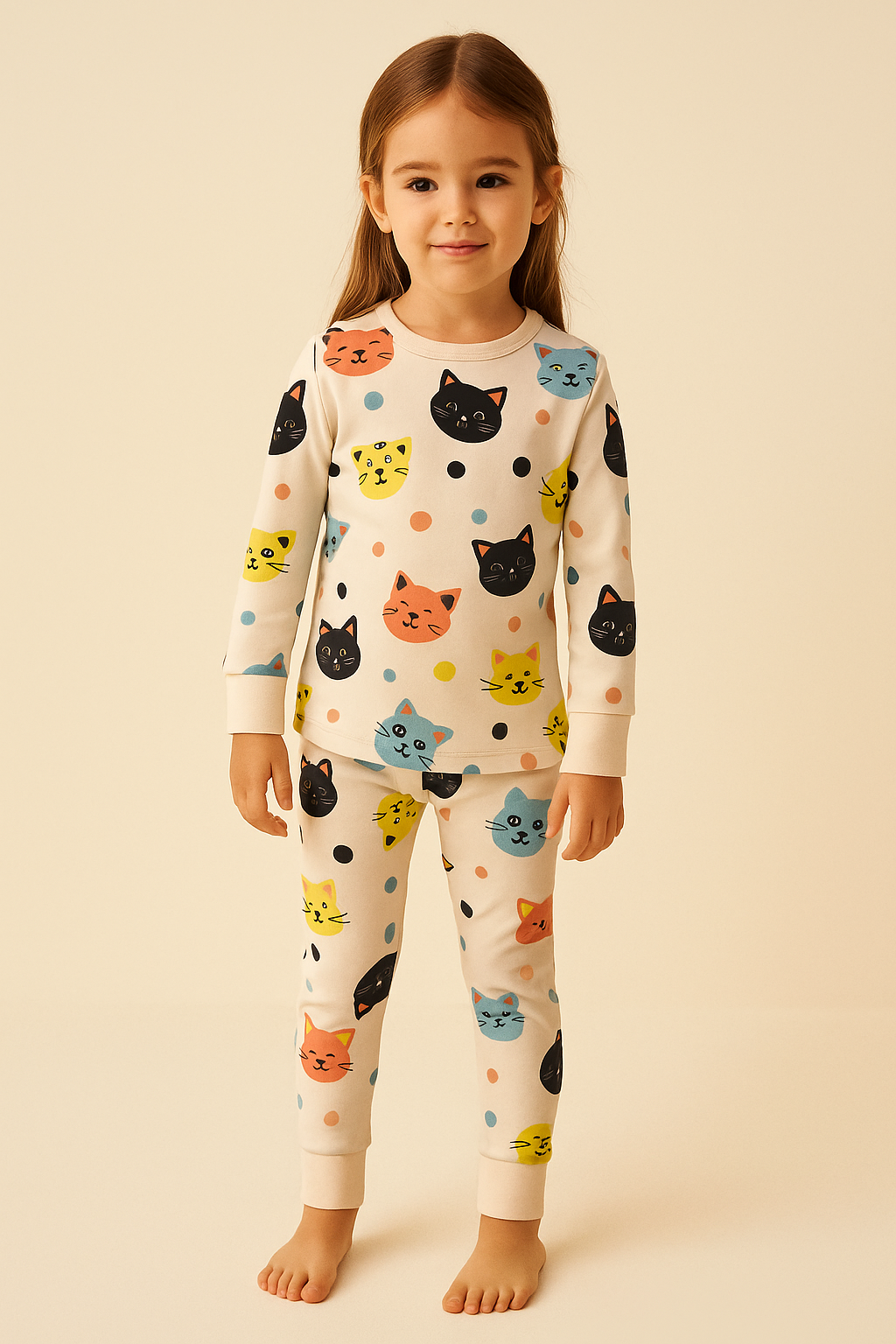 Kız Çocuk Kedi Desenli Pijama Takımı Açık Pembe