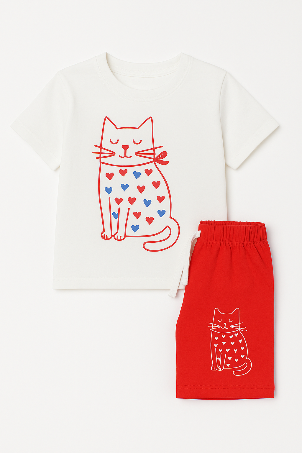 Kız Çocuk Kedi Desenli Şortlu Pijama Takımı