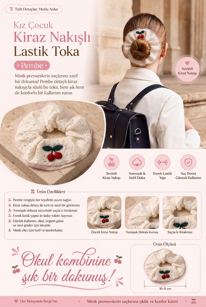 Kız Çocuk Kiraz Nakışlı Lastik Toka Pembe