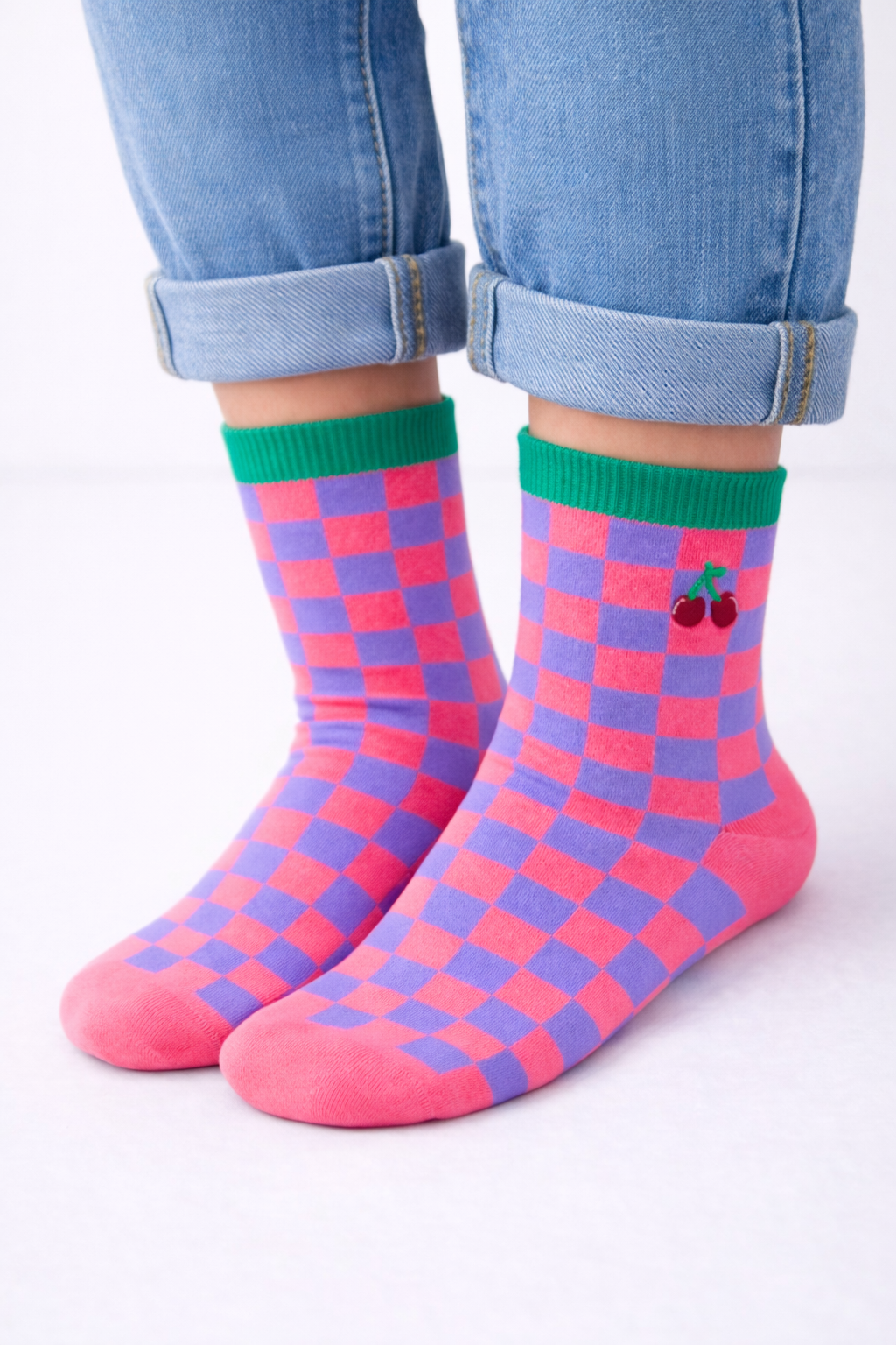 Kız Çocuk Kiraz Nakışlı Soket Çorap Pembe