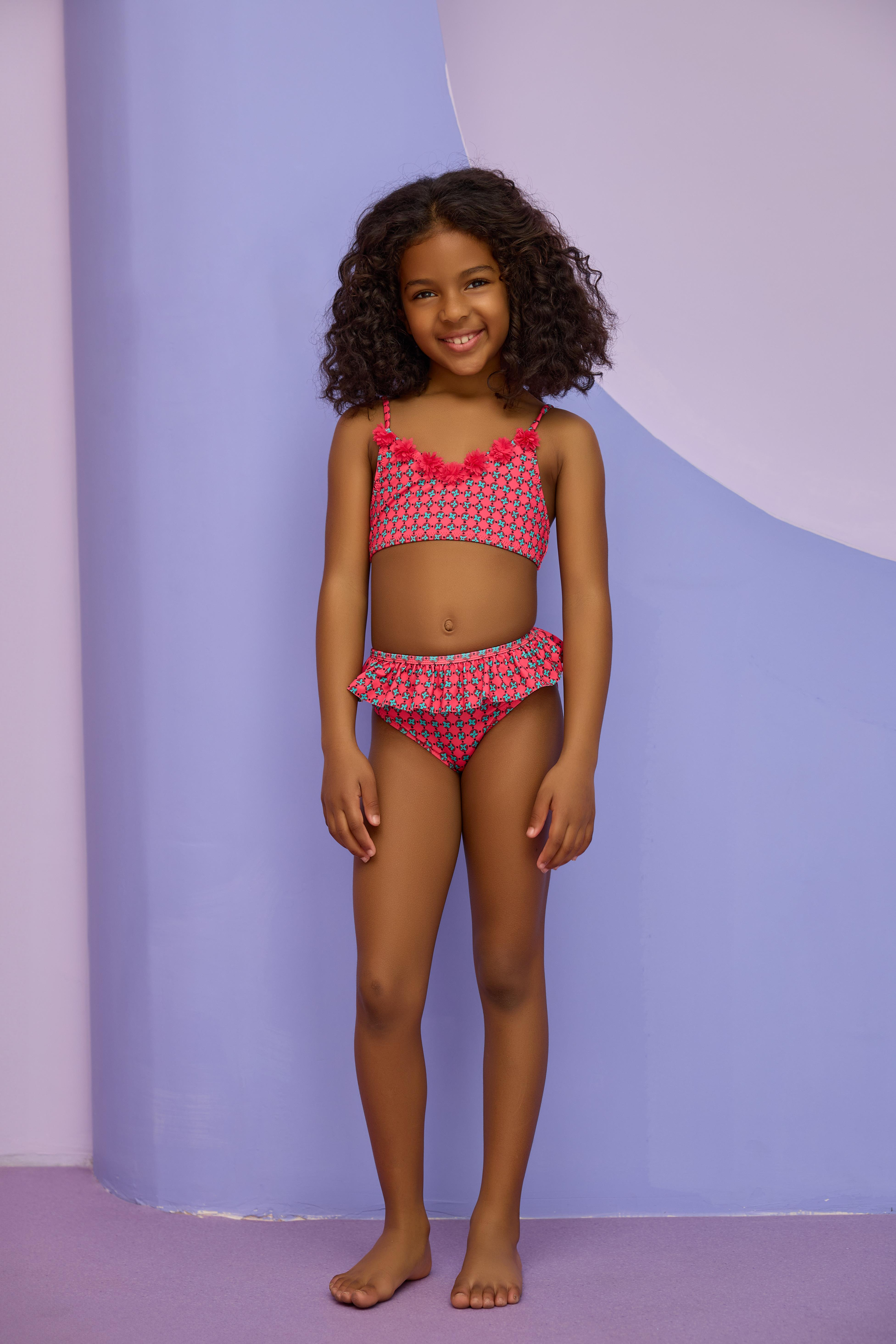 Kız Çocuk Kırmızı Renkli Retro Desenli Bikini Üst