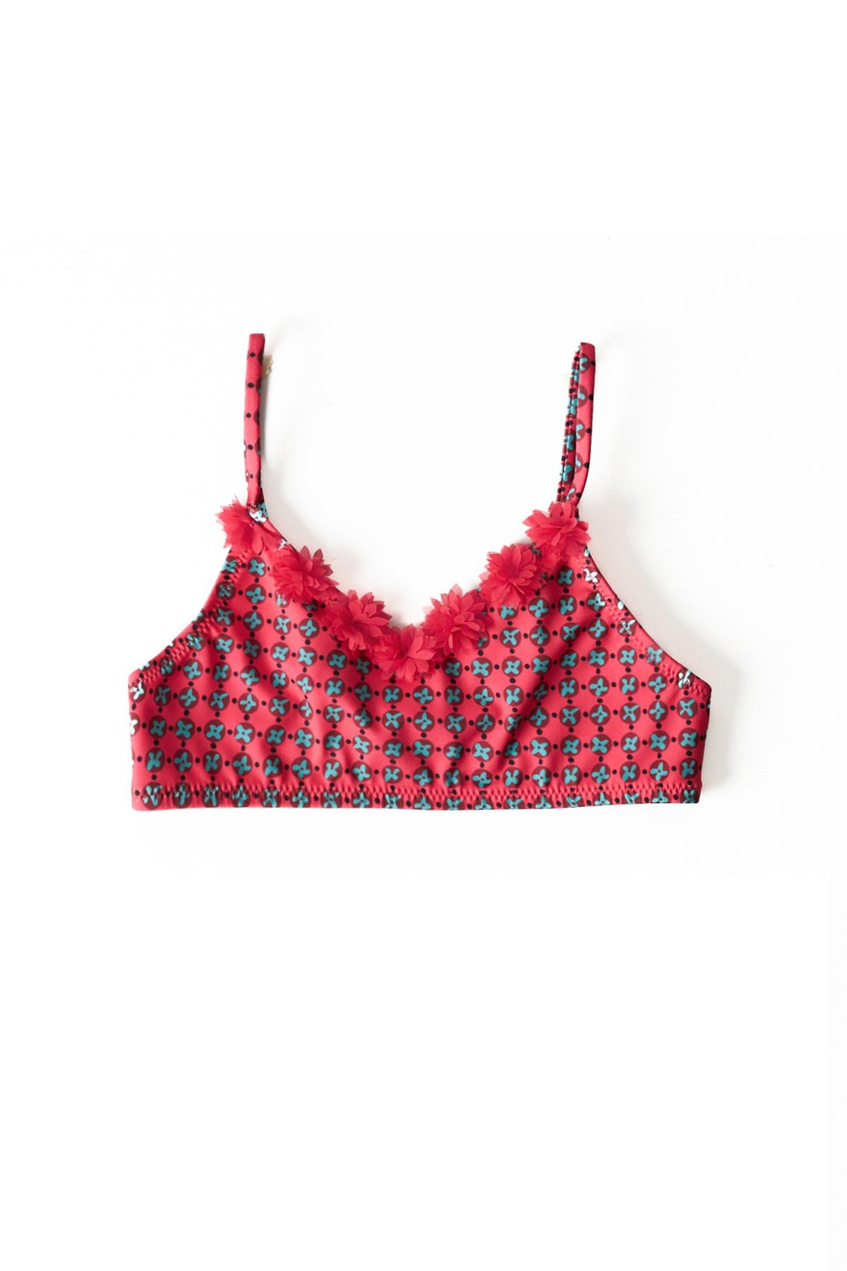 Kız Çocuk Kırmızı Renkli Retro Desenli Bikini Üst