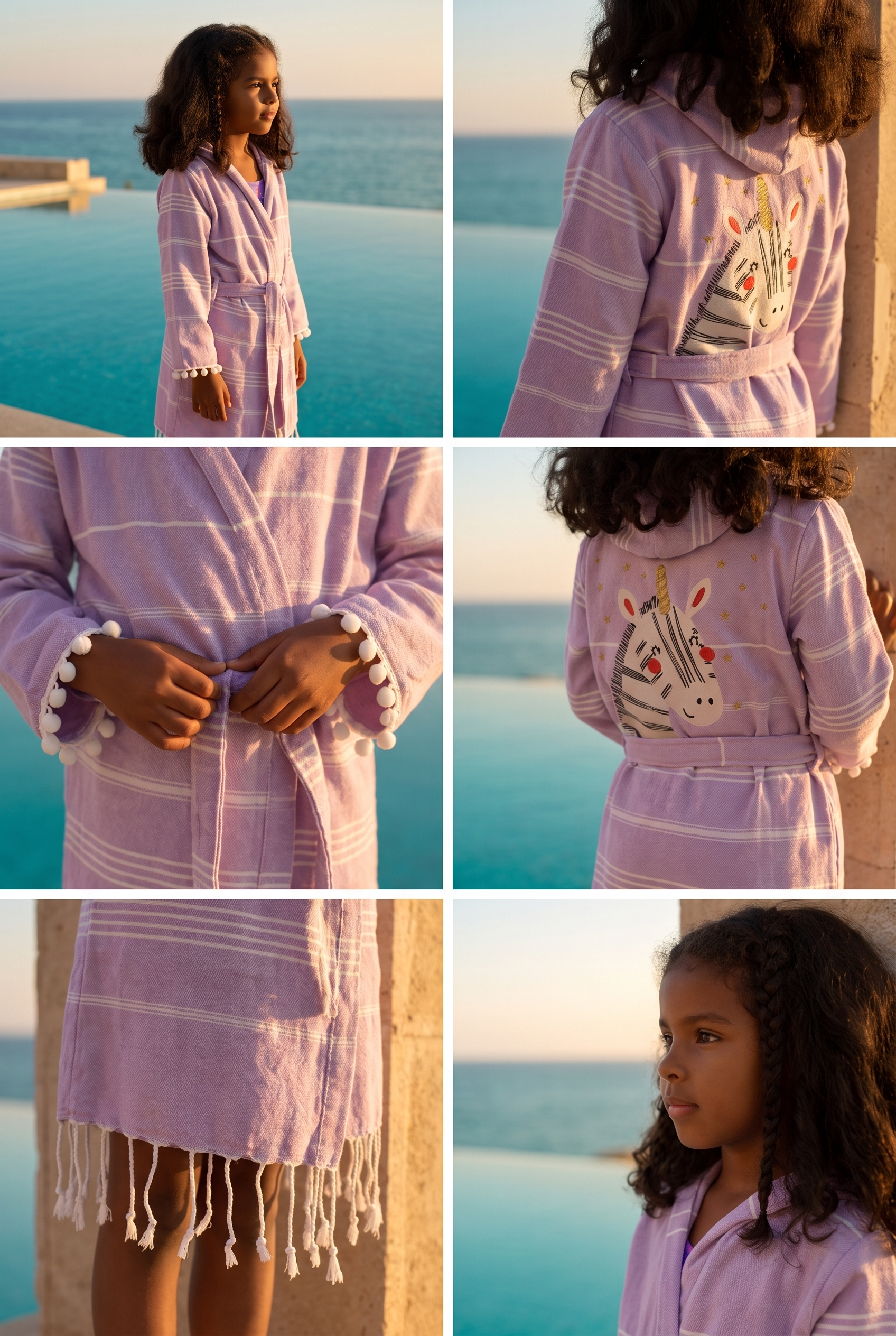 Girl's Lilac Colored Unicorn Printed Peshtemal Bathrobe