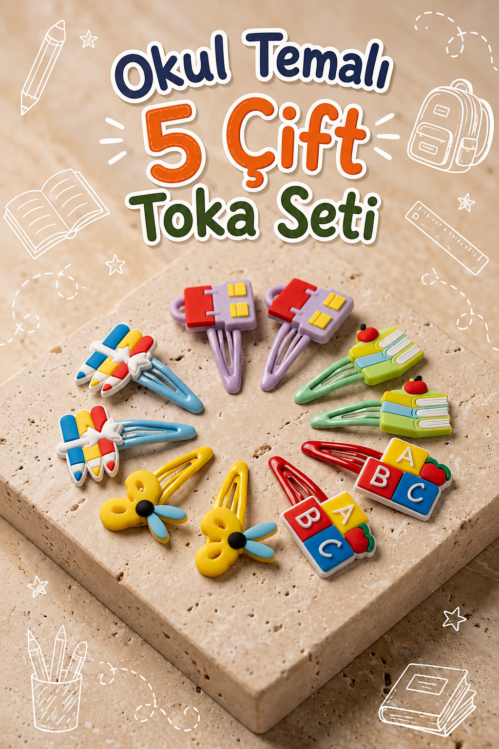 Kız Çocuk Okul Temalı 10'lu Pens Toka Seti