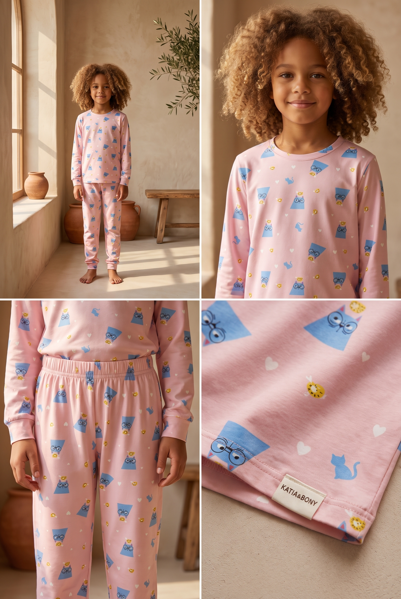 Kız Çocuk Paketli Kedili Pijama Takımı Pembe