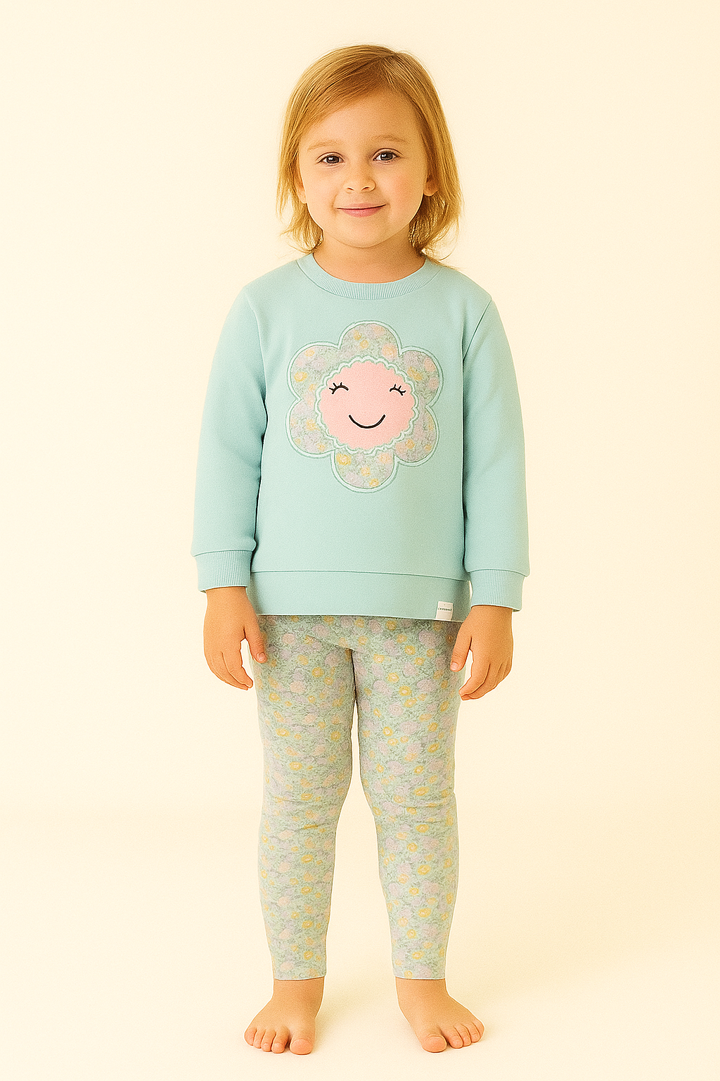 Kız Çocuk Papatya Baskılı Pijama Takımı Turkuaz