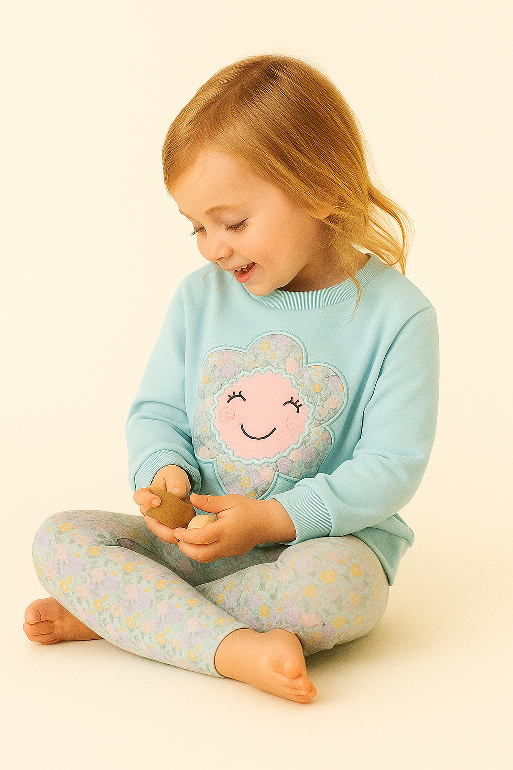 Kız Çocuk Papatya Baskılı Pijama Takımı Turkuaz