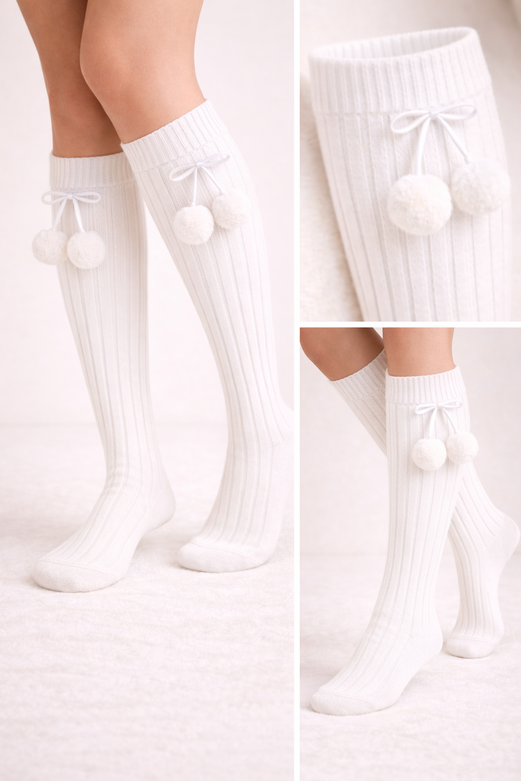Kız Çocuk Ponponlu Dizaltı Çorap Beyaz