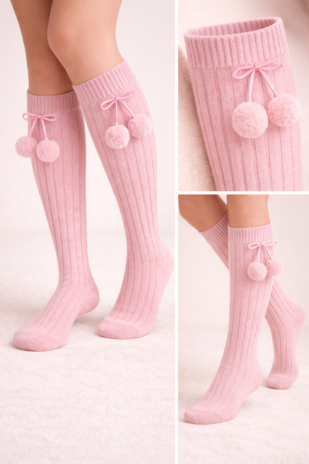 Kız Çocuk Ponponlu Dizaltı Çorap Pembe