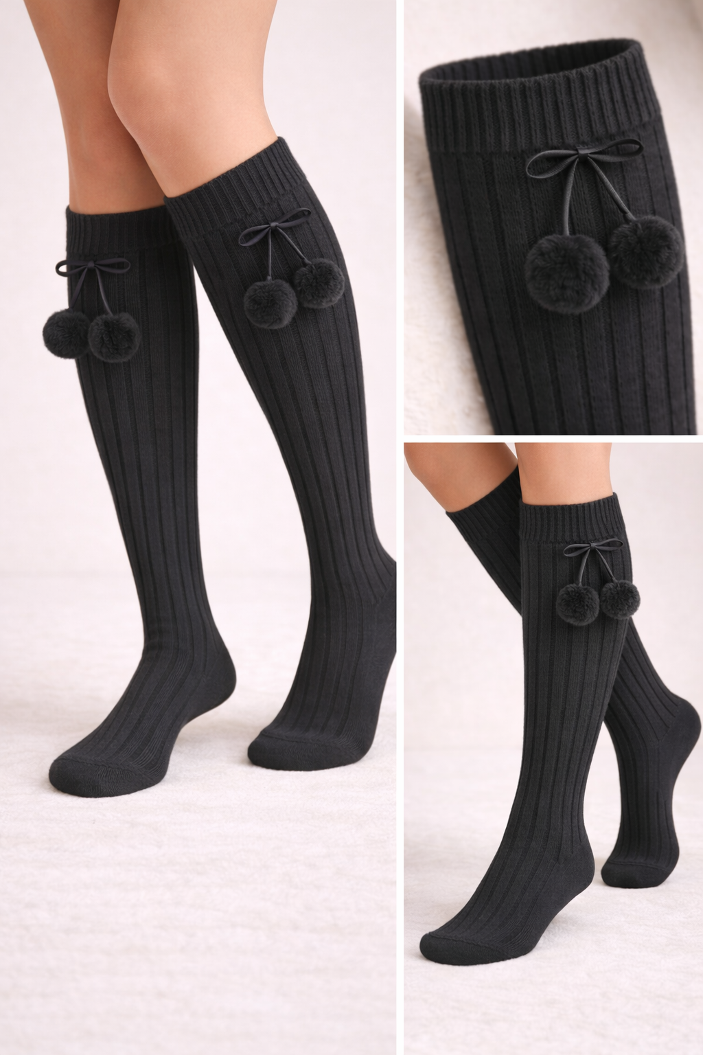 Kız Çocuk Ponponlu Dizaltı Çorap Siyah