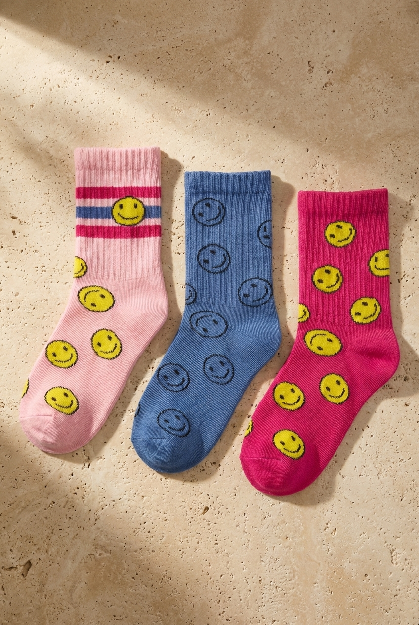 Girls' Colorful Smiling Face Detail 3-Pack Sock - Fuchsia-Blue-Pink