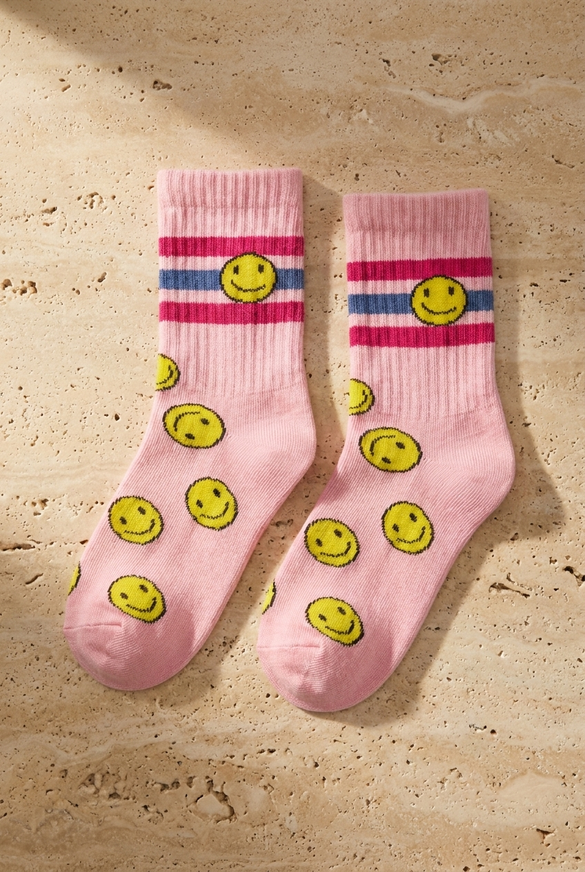 Girls' Colorful Smiling Face Detail 3-Pack Sock - Fuchsia-Blue-Pink