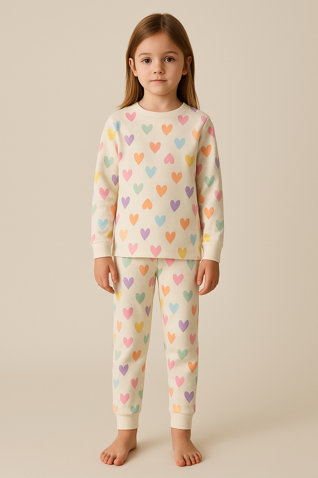 Kız Çocuk Renkli Kalpli Pijama Takımı