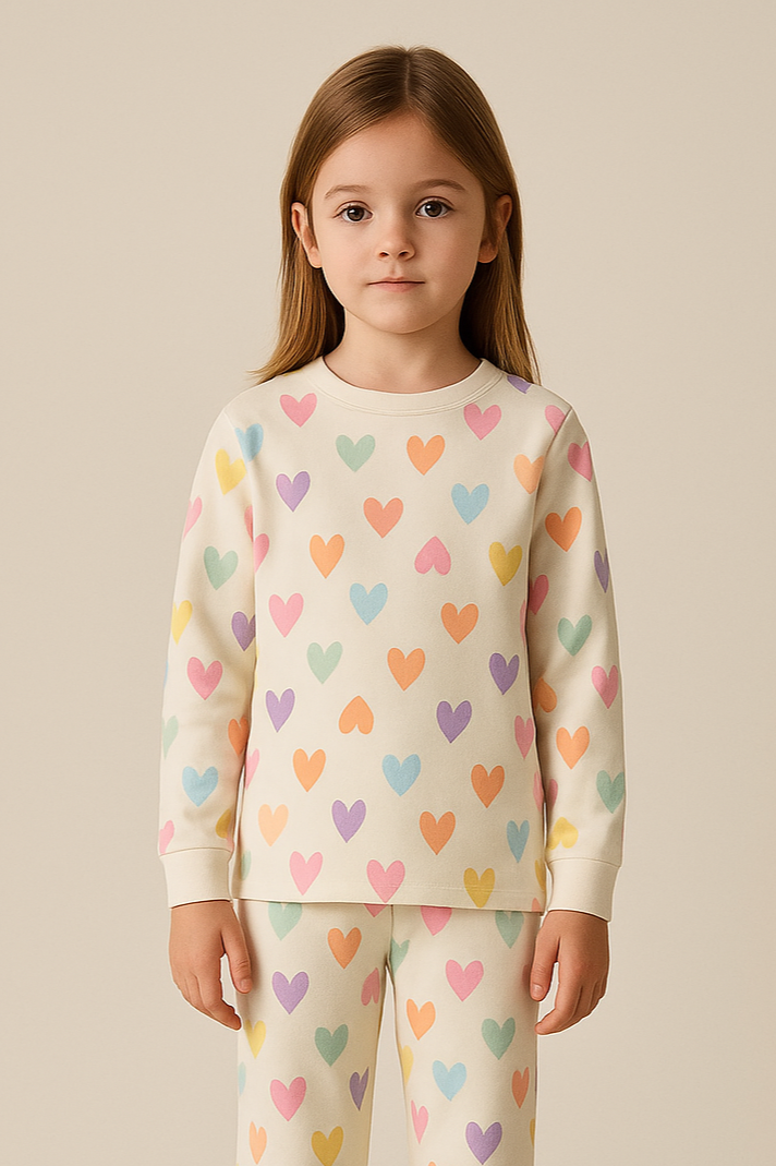 Kız Çocuk Renkli Kalpli Pijama Takımı