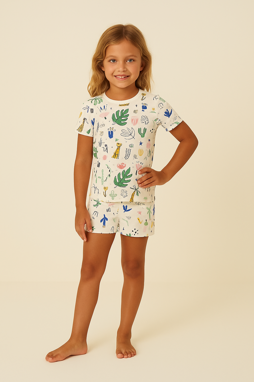 Kız Çocuk Safari Desenli Şortlu Pijama Takımı Ekru