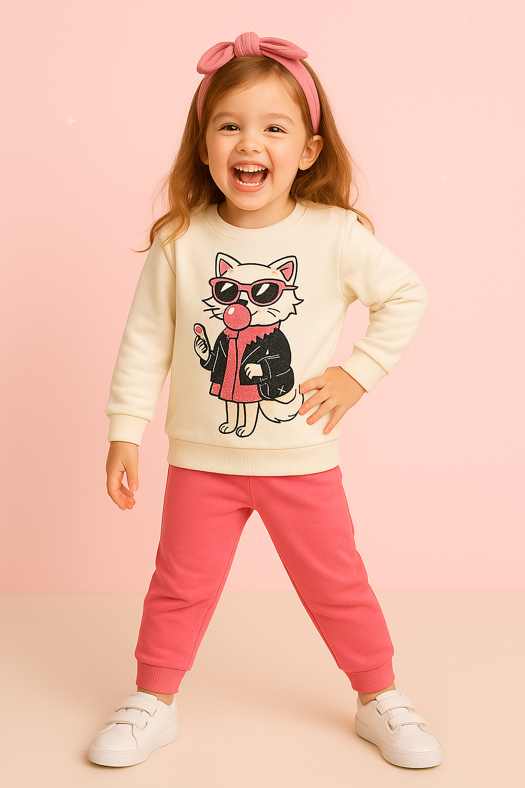 Kız Çocuk Sakızlı Kedi Desenli Eşofman Takımı
