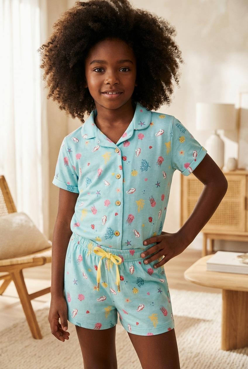 Kız Çocuk Sea La Vie Denizaltı Desenli Düğmeli Şortlu Pijama Takımı Mavi