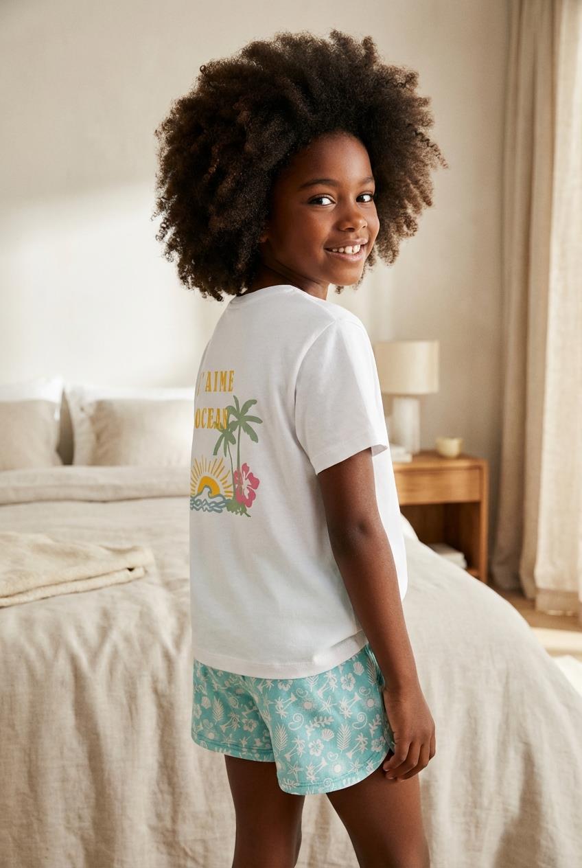 Kız Çocuk Sea La Vie Palmiye Desenli Şortlu Pijama Takımı Beyaz 