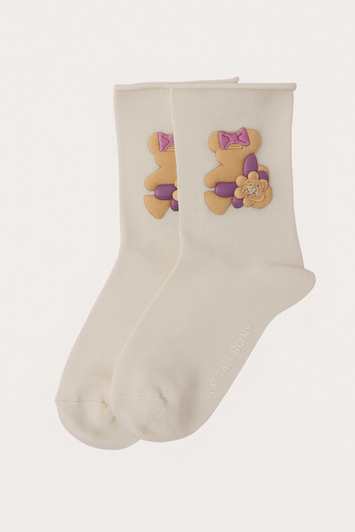 Kız Çocuk Teddy Aksesuarlı Lastiksiz Modal Çorap Ekru