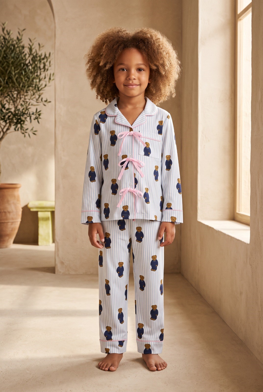Kız Çocuk Teddy Desenli Cepli Pijama Takımı Mavi