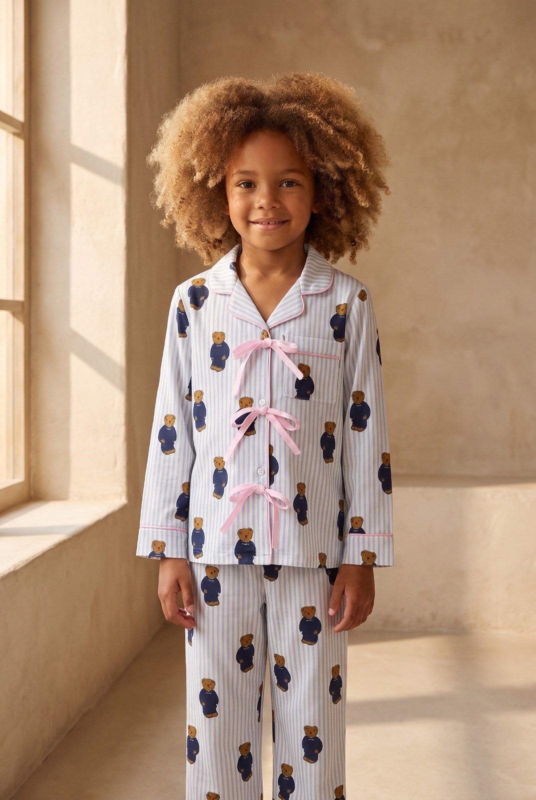 Kız Çocuk Teddy Desenli Cepli Pijama Takımı Mavi