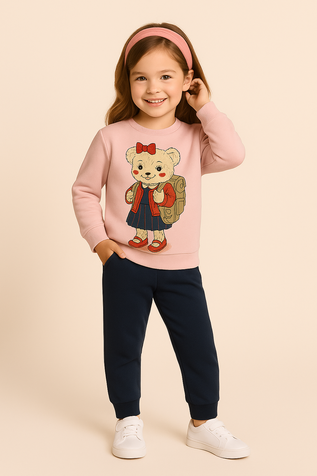 Kız Çocuk Teddy Desenli Eşofman Takımı Pembe