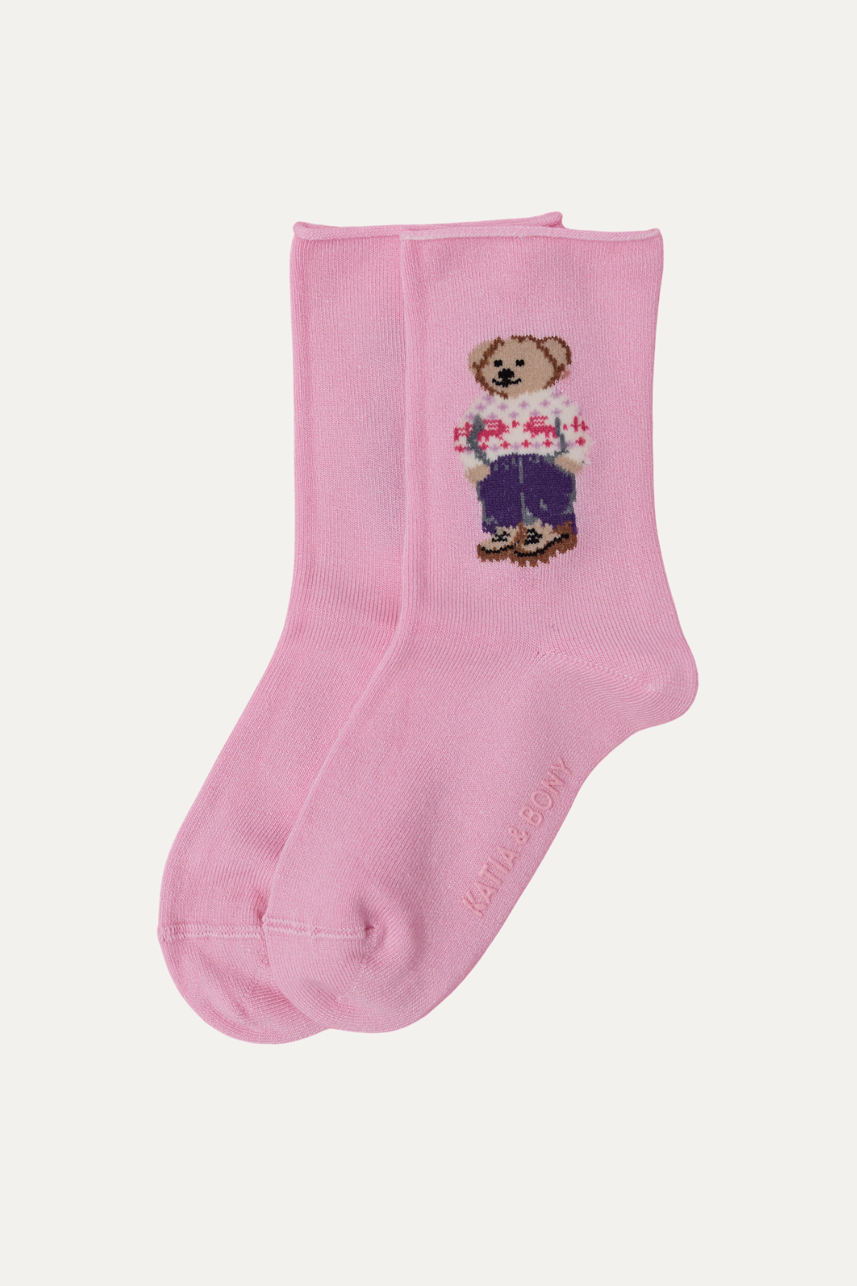 Kız Çocuk Teddy Desenli Latiksiz Modal Soket Çorap Pembe