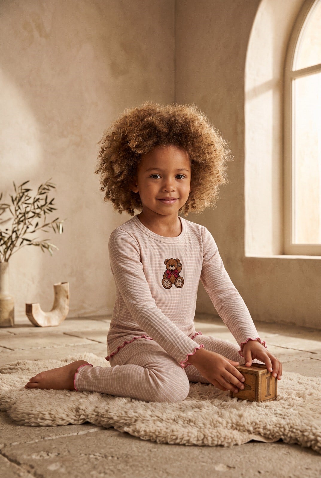 Kız Çocuk Teddy Desenli Pijama Takımı Ekru