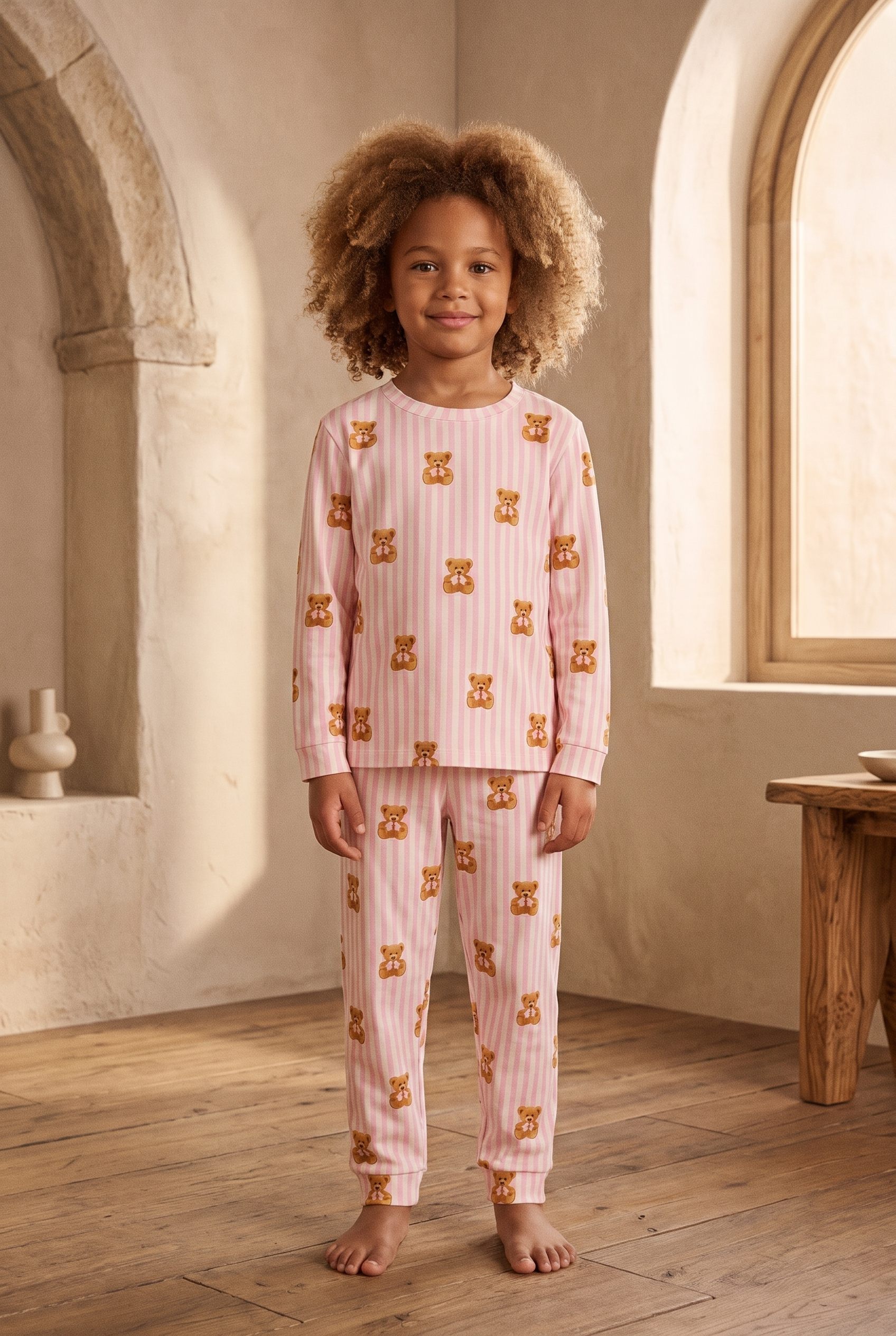 Kız Çocuk Teddy Desenli Pijama Takımı Pembe