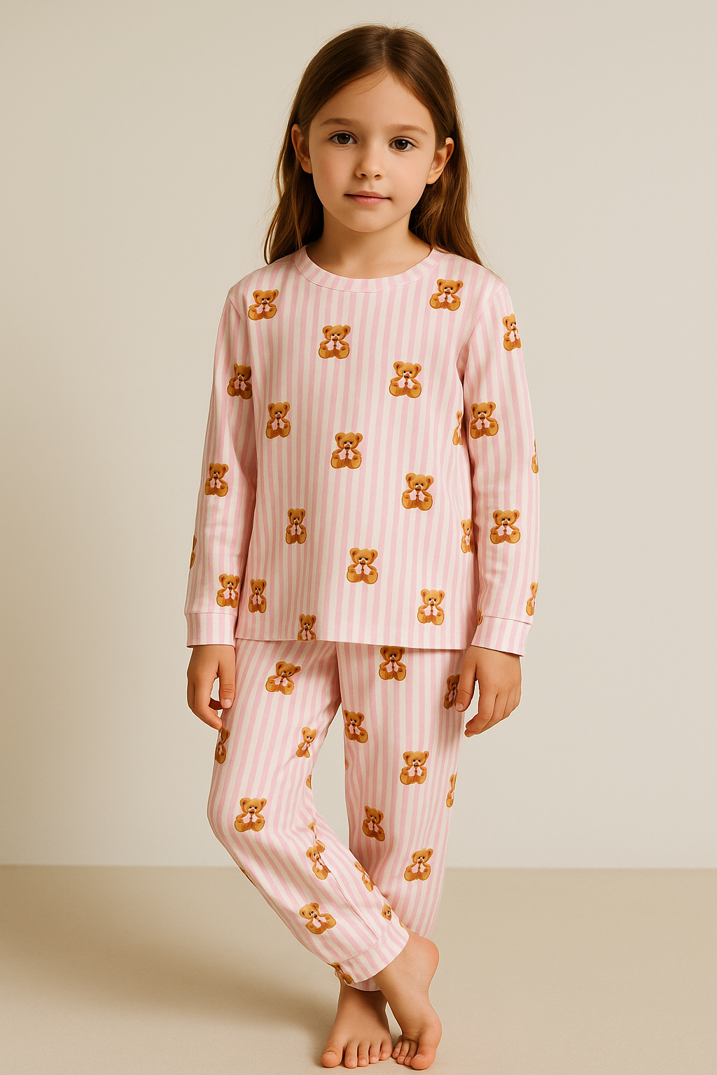 Kız Çocuk Teddy Desenli Pijama Takımı Pembe