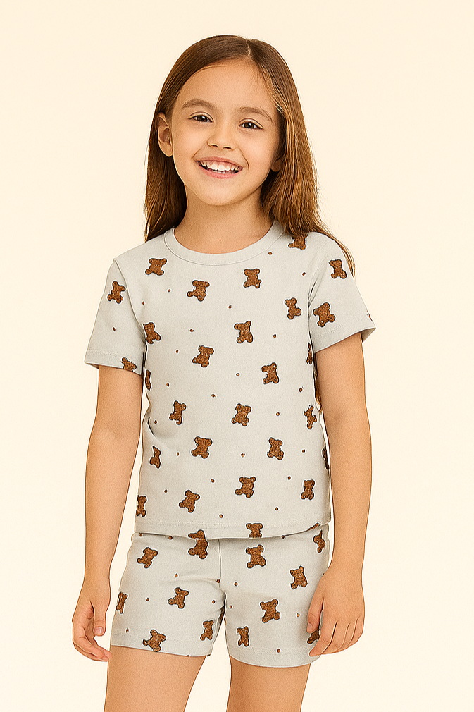 Kız Çocuk Teddy Desenli Şortlu Pijama Takımı