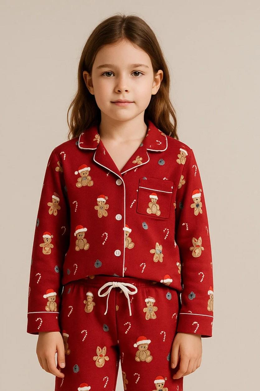 Kız Çocuk Teddy Desenli Yılbaşı Temalı Pijama Takımı Kırmızı