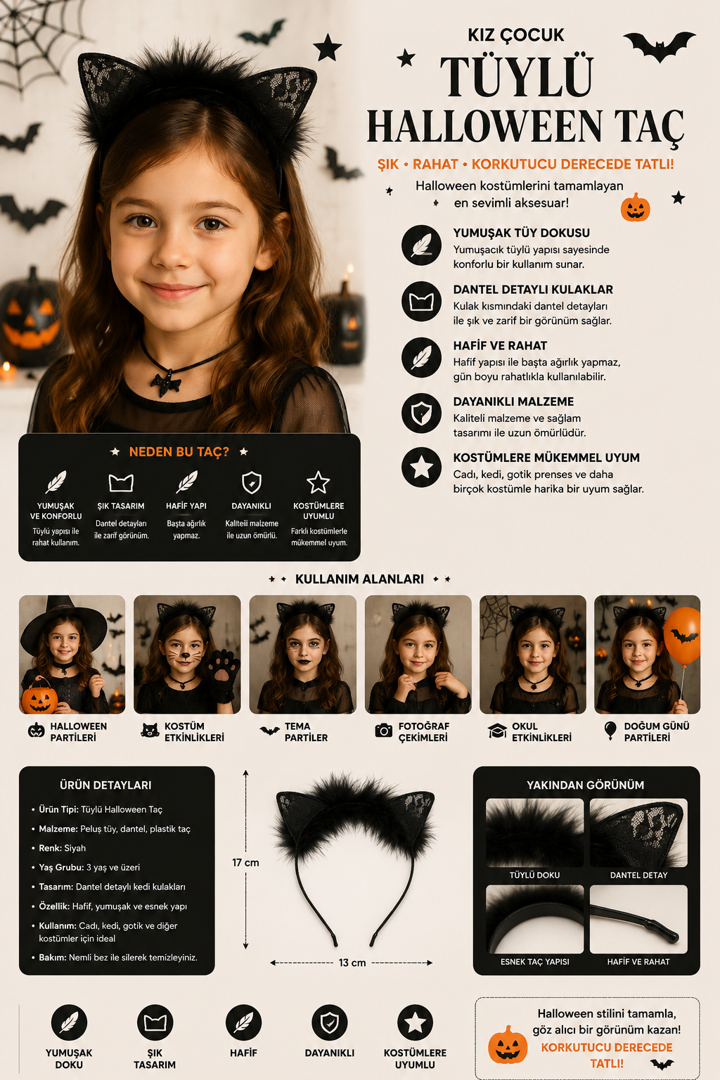 22505G1007 TÜYLÜ HALLOWEEN ÇOCUK TAÇ SİYAH