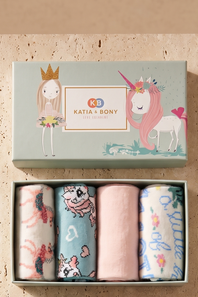 Kız Çocuk Unicorn Desenli 4'lü Kutulu Soket Çorap