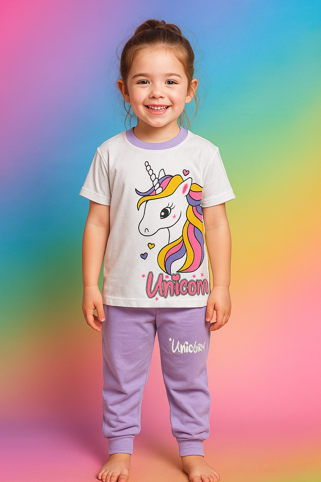 Kız Çocuk Unicorn Desenli Kısa Kollu Pijama Takımı