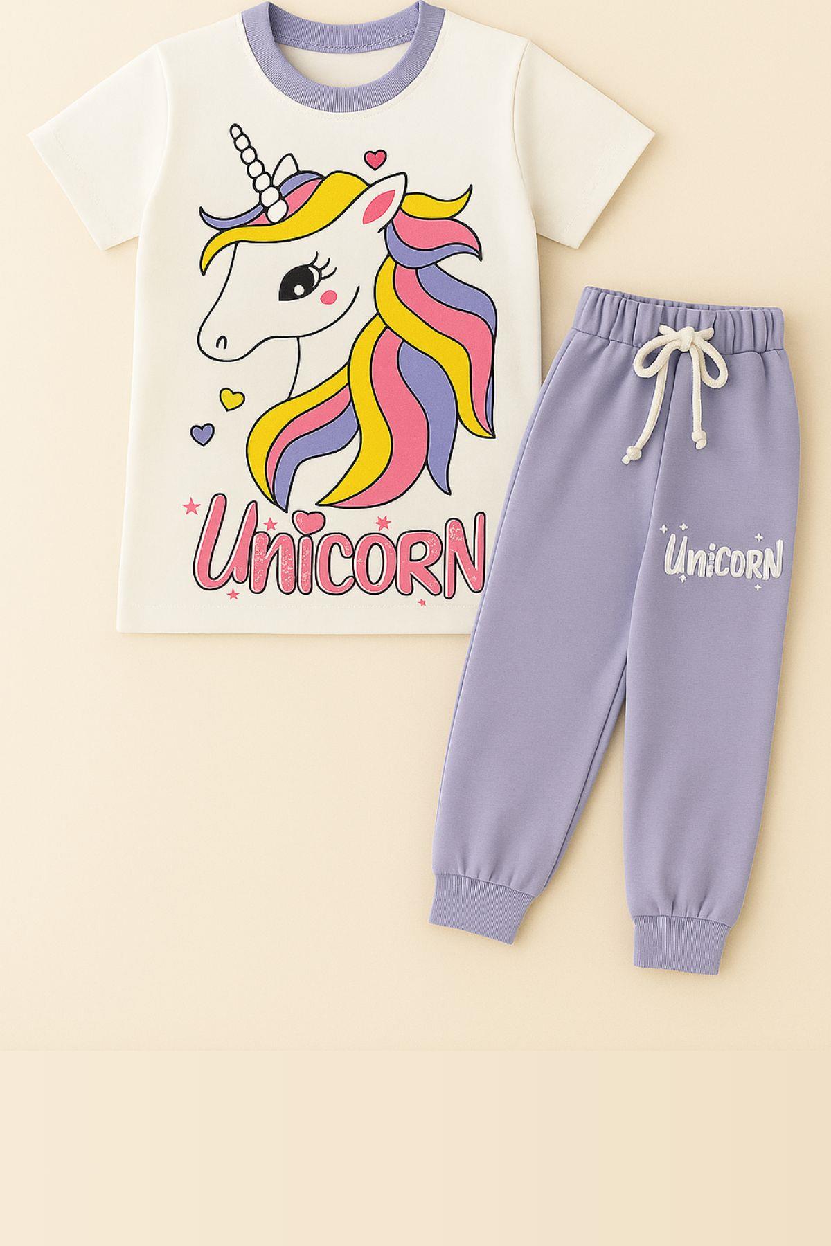 Kız Çocuk Unicorn Desenli Kısa Kollu Pijama Takımı