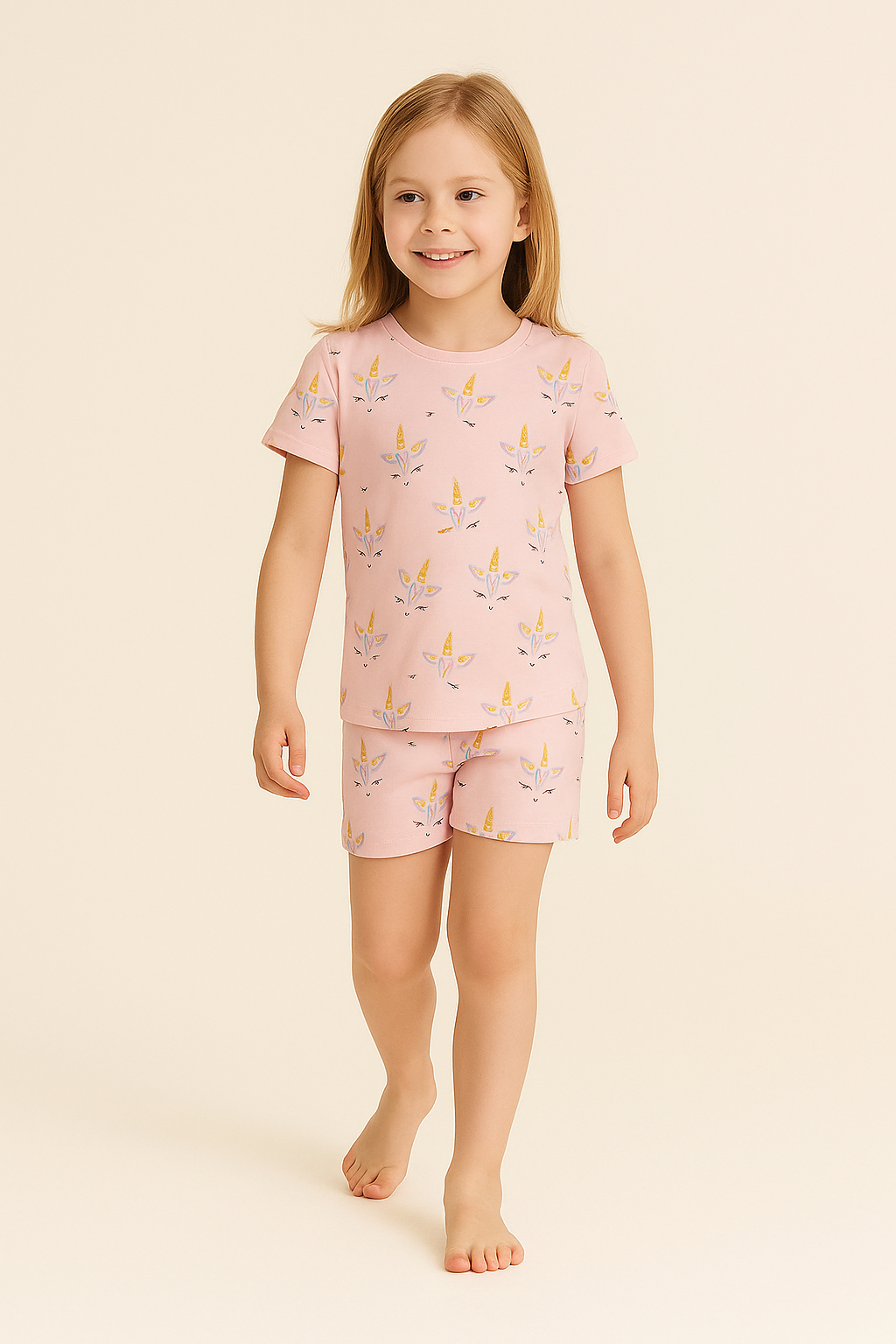 Kız Çocuk Unicorn Desenli Şortlu Pijama Takımı Açık Pembe