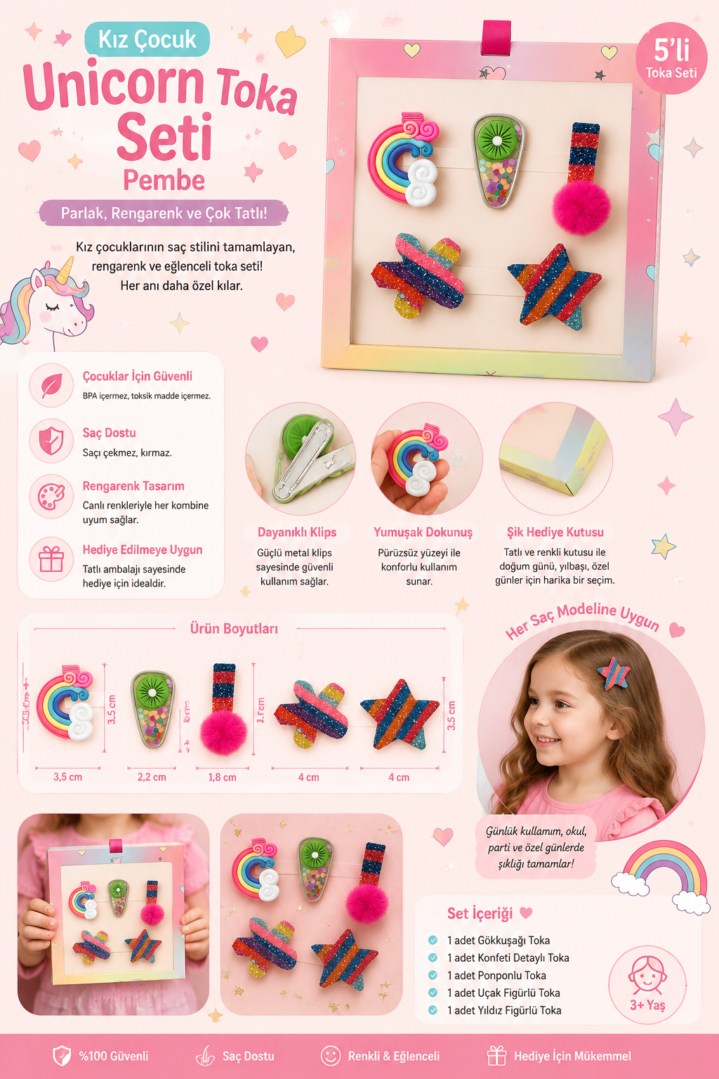 Kız Çocuk Unicorn toka seti Pembe