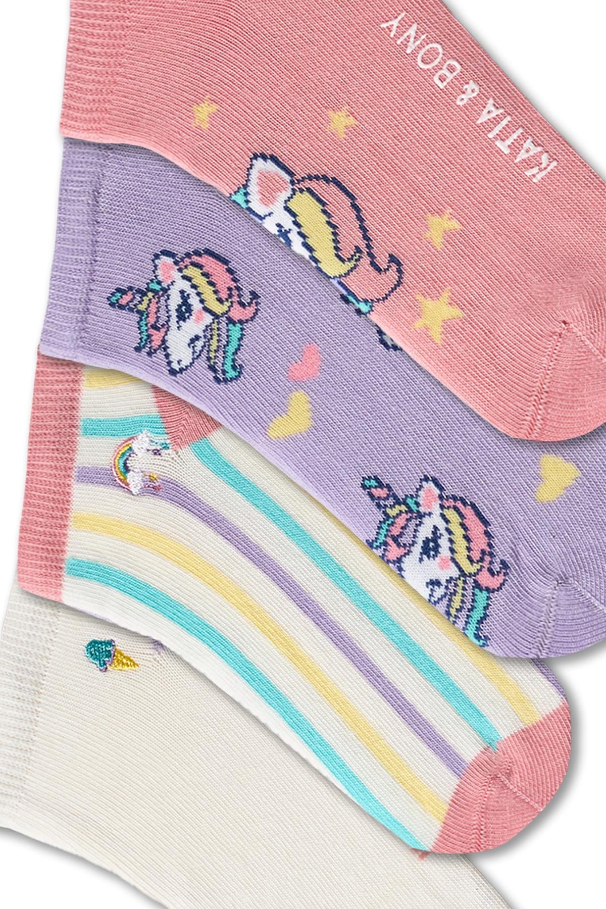 Kız Çocuk Unicorn ve Dondurma Desneli 4'Lü Paket Patik Çorap
