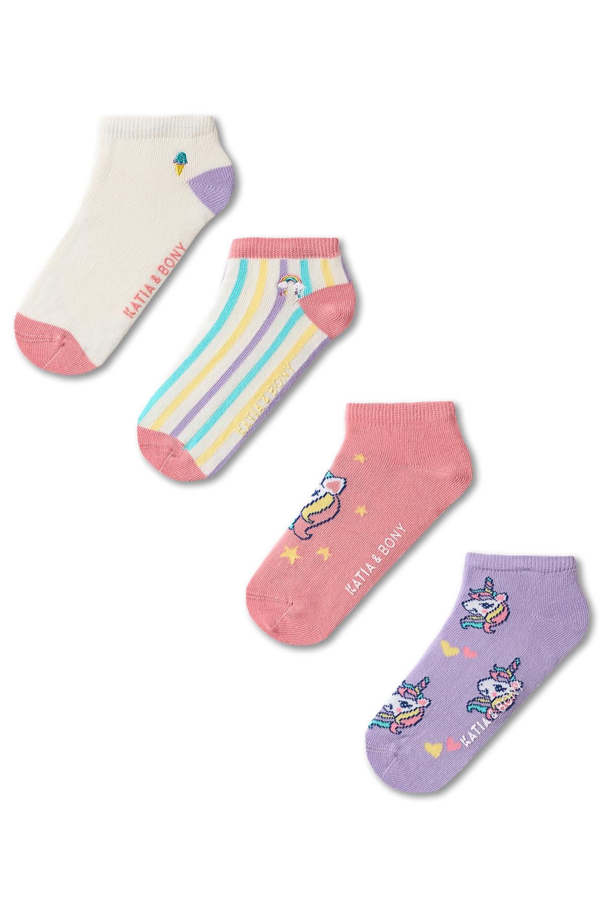 Kız Çocuk Unicorn ve Dondurma Desneli 4'Lü Paket Patik Çorap
