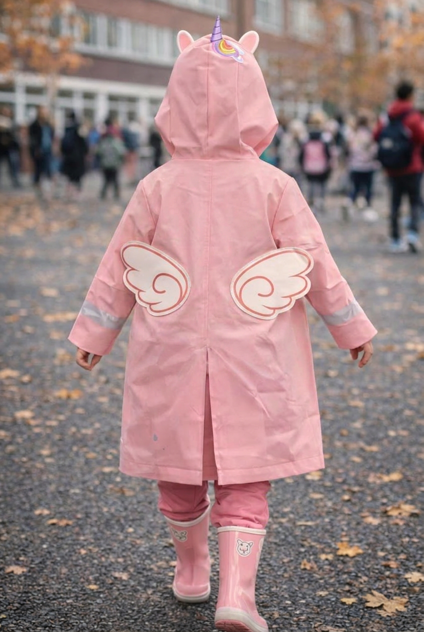 Kız Çocuk Unicorn ve Gökkuşağı Desenli Şapkalı Yağmurluk Pembe