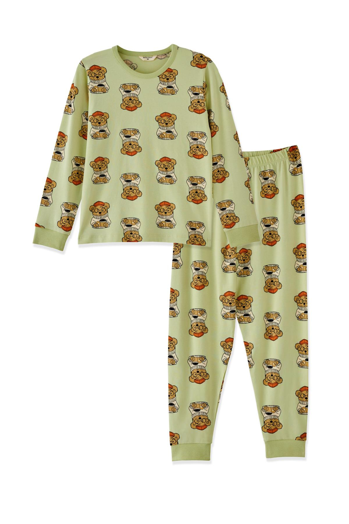 Köpek Desen Çocuk Pijama Takımı Yeşil