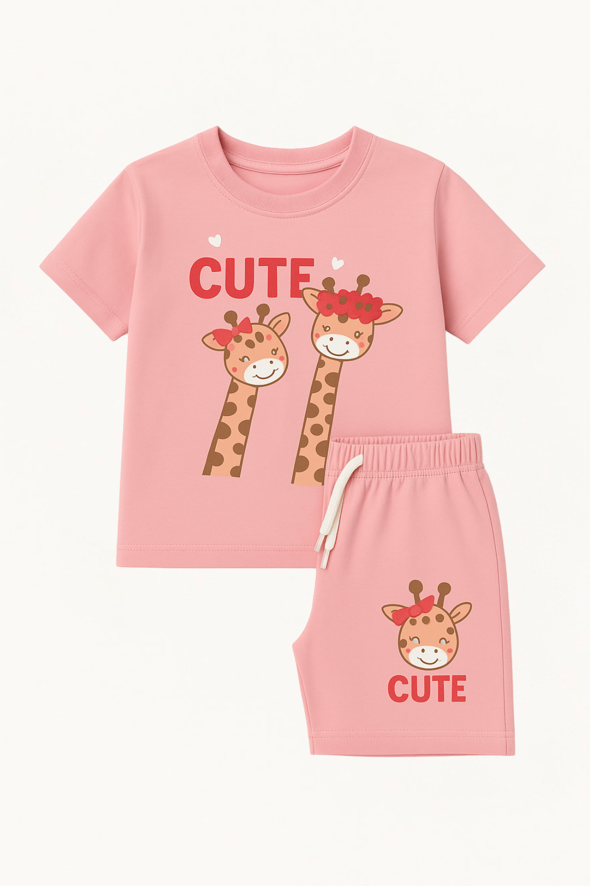 Kız Çocuk Zürafa Desenli Şortlu Pijama Takımı Pembe