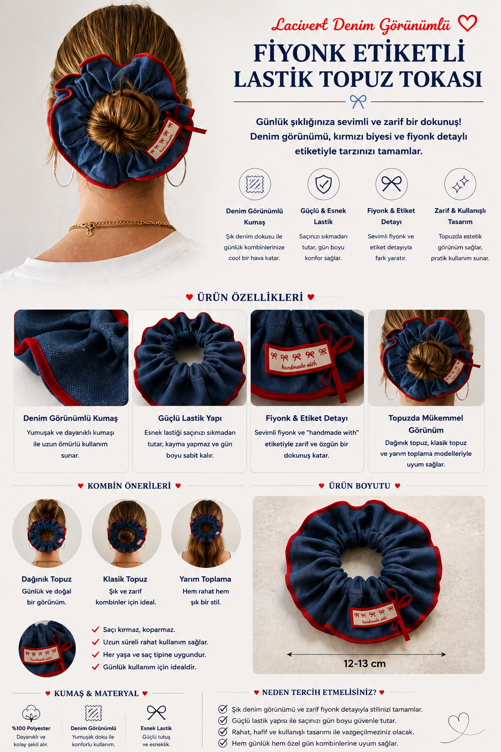 Lacivert Denim Görünümlü Fiyonk Etiketli Lastik Topuz Tokası