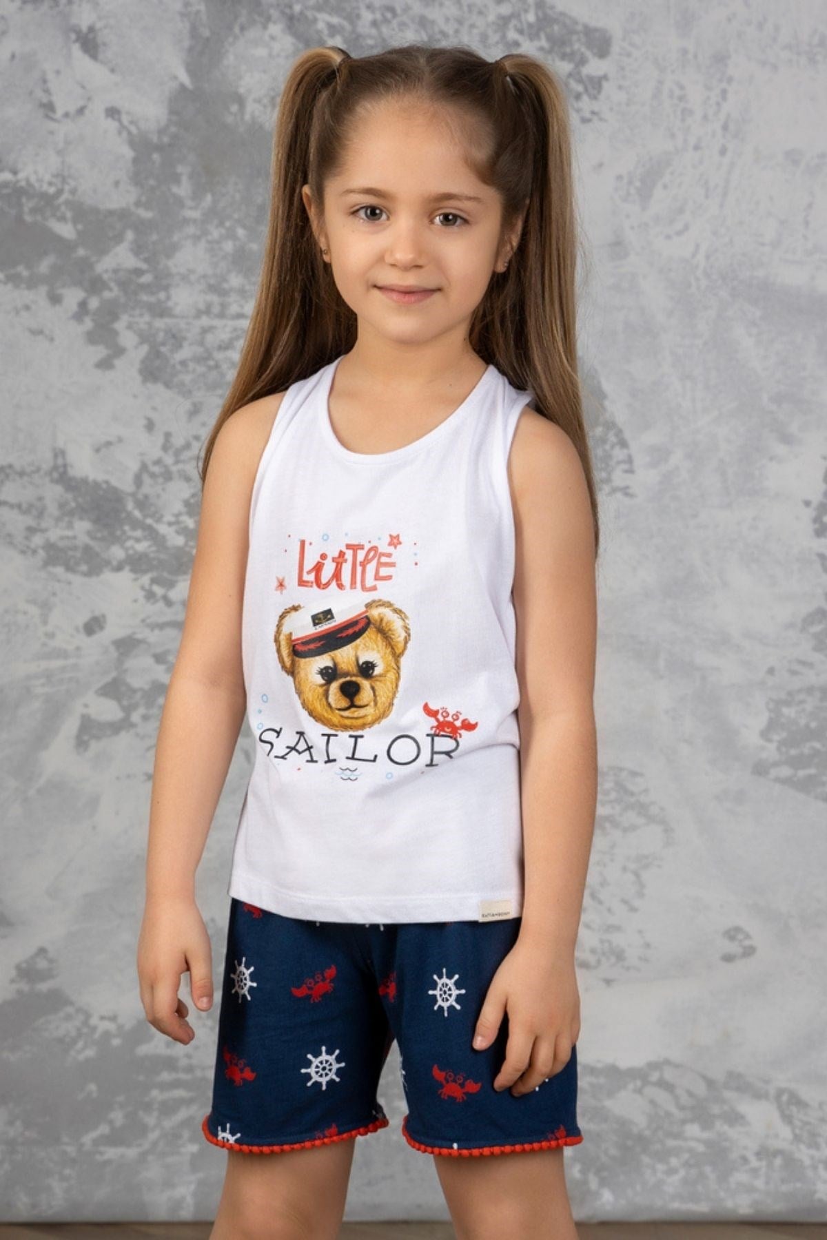 Marine Teddy Bear Desenli Kız Çocuk Şortlu Pijama Takımı-Beyaz